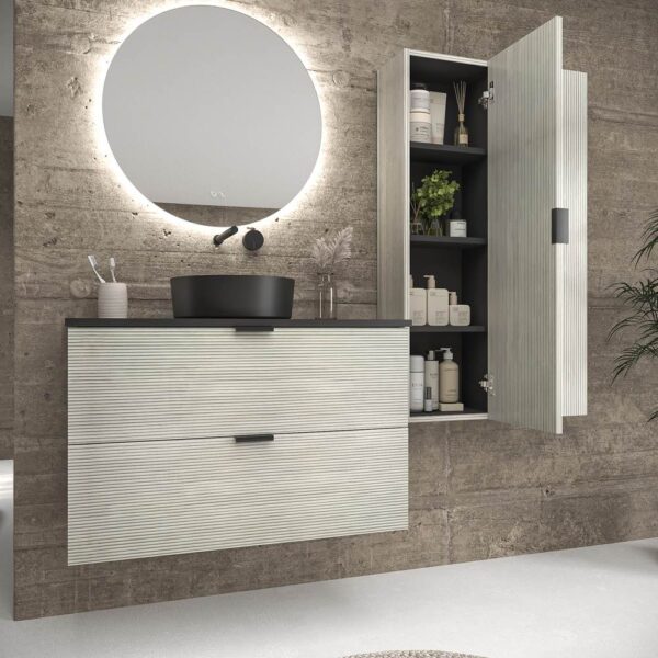 Mueble de baño suspendido 2 cajones ADAM  con tapa acabado POLAR - Lavabo porcelana sobre encimera OSIRIS negro - Imagen 4