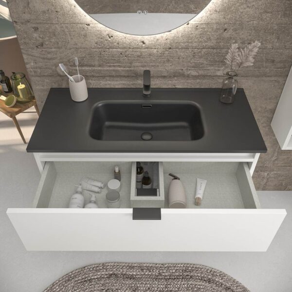 Mueble de baño suspendido 2 cajones ADAM acabado BLANCO  con lavabo porcelana NEGRO - Imagen 3