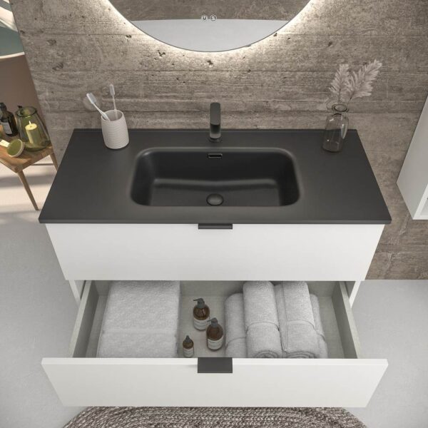 Mueble de baño suspendido 2 cajones ADAM acabado BLANCO  con lavabo porcelana NEGRO - Imagen 2