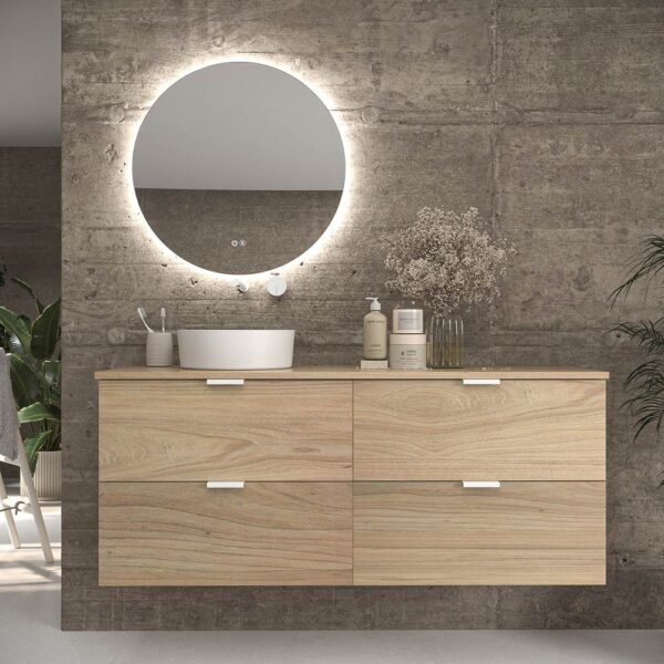 Mueble de baño suspendido 4 cajones ADAM  con tapa acabado ROBLE ULLOA - Lavabo porcelana sobre encimera OSIRIS blanco