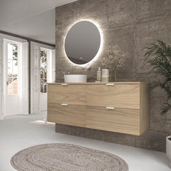 Mueble de baño suspendido 4 cajones ADAM  con tapa acabado ROBLE ULLOA - Lavabo porcelana sobre encimera OSIRIS blanco - Imagen 4