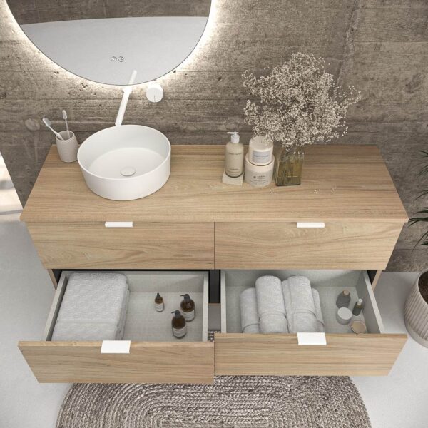 Mueble de baño suspendido 4 cajones ADAM  con tapa acabado ROBLE ULLOA - Lavabo porcelana sobre encimera OSIRIS blanco - Imagen 3