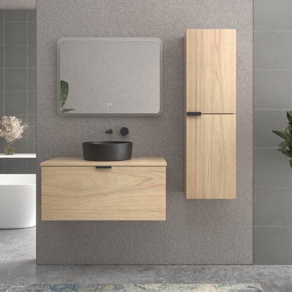 Mueble de baño suspendido 1 cajón SKIN ROBLE ULLOA  con lavabo porcelana OSIRIS NEGRO