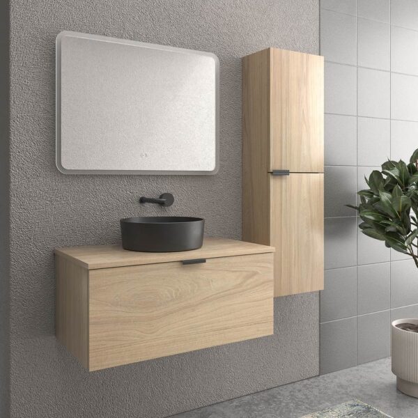 Mueble de baño suspendido 1 cajón SKIN ROBLE ULLOA  con lavabo porcelana OSIRIS NEGRO - Imagen 5