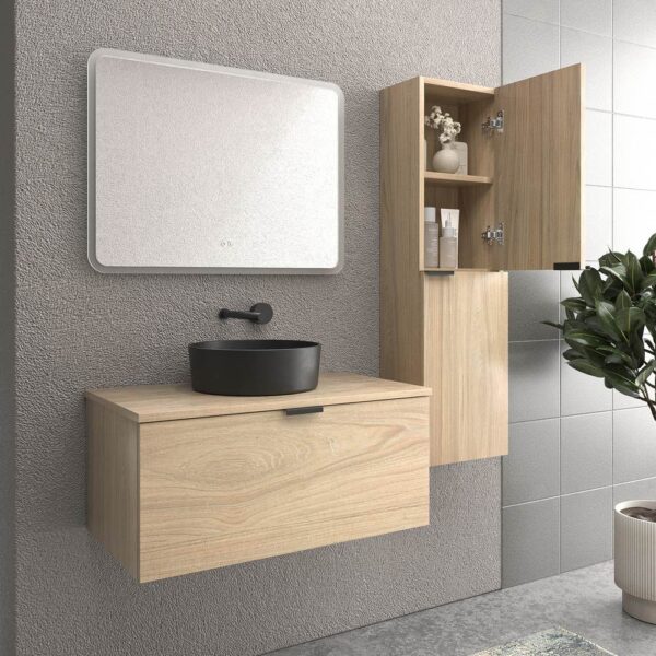 Mueble de baño suspendido 1 cajón SKIN ROBLE ULLOA  con lavabo porcelana OSIRIS NEGRO - Imagen 3