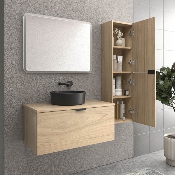 Mueble de baño suspendido 1 cajón SKIN ROBLE ULLOA  con lavabo porcelana OSIRIS NEGRO - Imagen 2