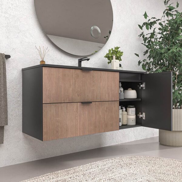 Mueble de baño suspendido 2 cajones / 1 puerta  VITO bicolor BASTILLA/NEGRO  con lavabo porcelana NEGRO - Imagen 5