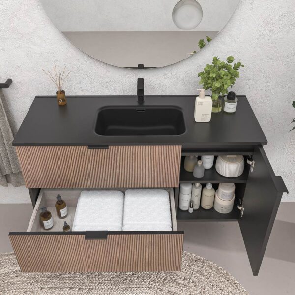 Mueble de baño suspendido 2 cajones / 1 puerta  VITO bicolor BASTILLA/NEGRO  con lavabo porcelana NEGRO - Imagen 4