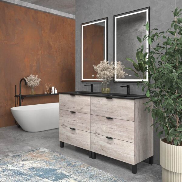 Mueble de baño con patas 6 cajones LUXOR HORMIGON  con encimera porcelana NEGRO - Imagen 5