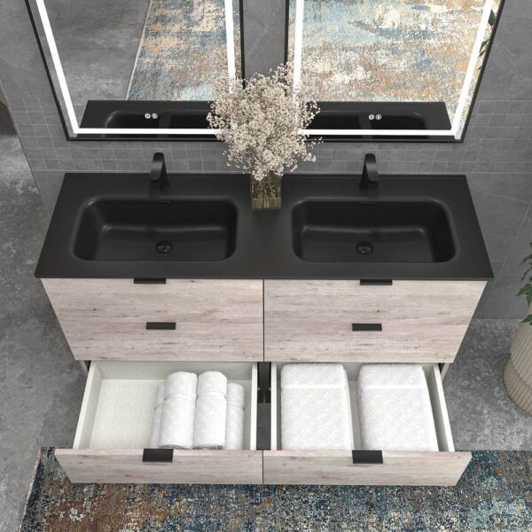 Mueble de baño con patas 6 cajones LUXOR HORMIGON  con encimera porcelana NEGRO - Imagen 4