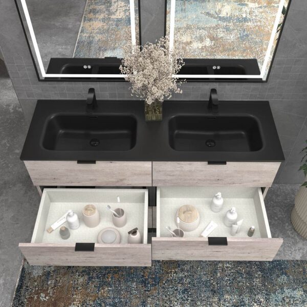 Mueble de baño con patas 6 cajones LUXOR HORMIGON  con encimera porcelana NEGRO - Imagen 3