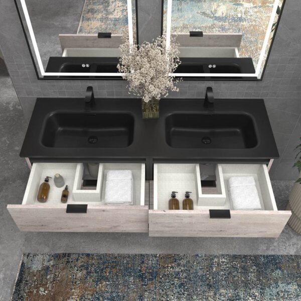 Mueble de baño con patas 6 cajones LUXOR HORMIGON  con encimera porcelana NEGRO - Imagen 2