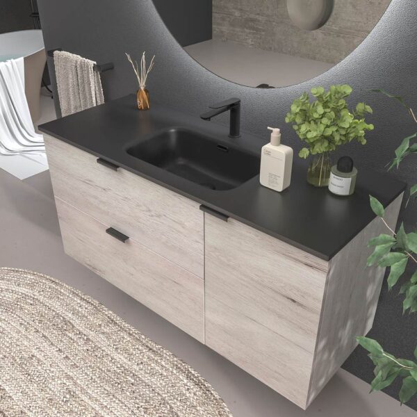 Mueble de baño suspendido 2 cajones / 1 puerta  VITO ROBLE MOZART  con lavabo porcelana NEGRO - Imagen 5