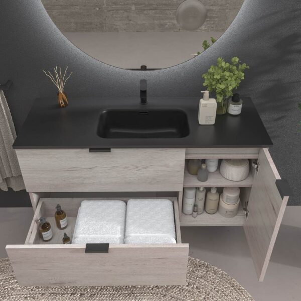 Mueble de baño suspendido 2 cajones / 1 puerta  VITO ROBLE MOZART  con lavabo porcelana NEGRO - Imagen 2