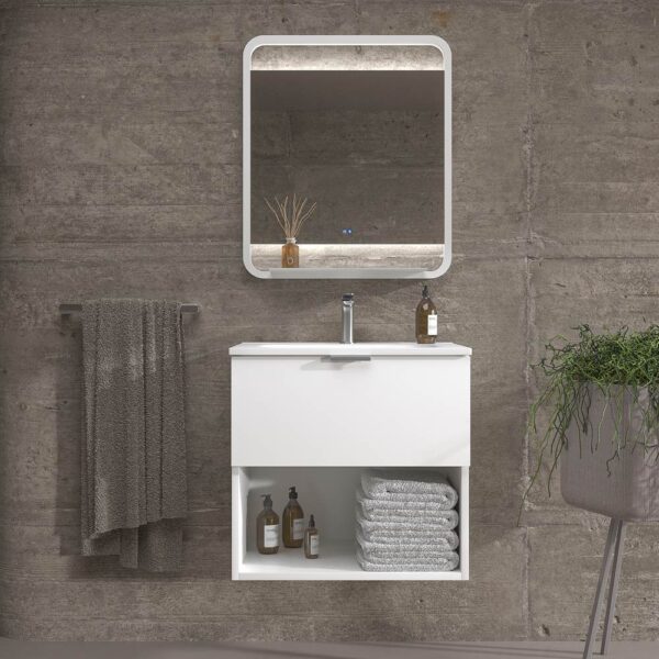 Mueble de baño suspendido 1 cajón- 1 hueco MIREIA  BLANCO  con lavabo porcelana BLANCO