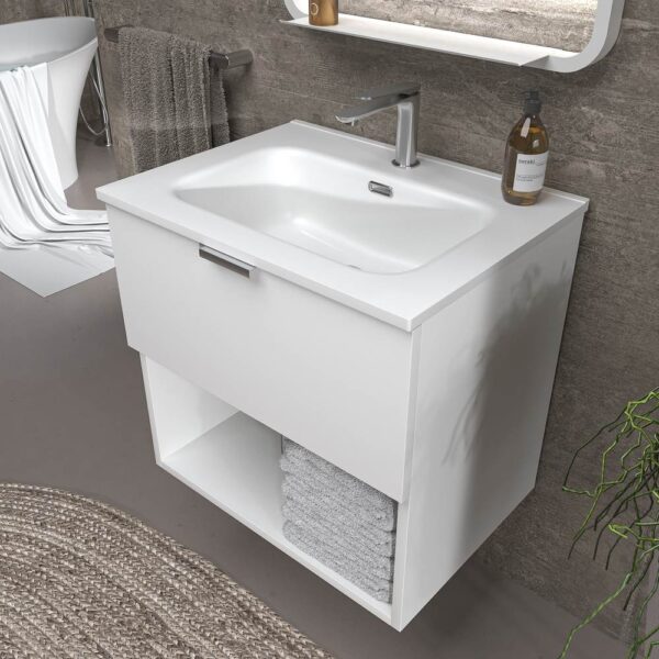 Mueble de baño suspendido 1 cajón- 1 hueco MIREIA  BLANCO  con lavabo porcelana BLANCO - Imagen 5