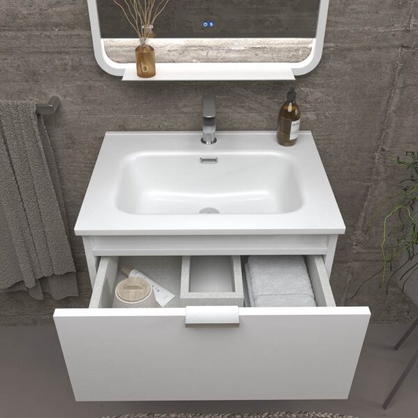 Mueble de baño suspendido 1 cajón- 1 hueco MIREIA  BLANCO  con lavabo porcelana BLANCO - Imagen 3