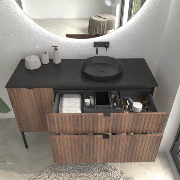 Mueble de baño FLEX con patas 2 cajones/1puerta acabado CASTAÑO con lavabo semiencastrado Solid Surface NEGRO - Imagen 5