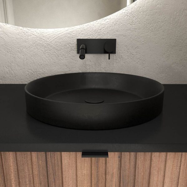 Mueble de baño FLEX con patas 2 cajones/1puerta acabado CASTAÑO con lavabo semiencastrado Solid Surface NEGRO - Imagen 4