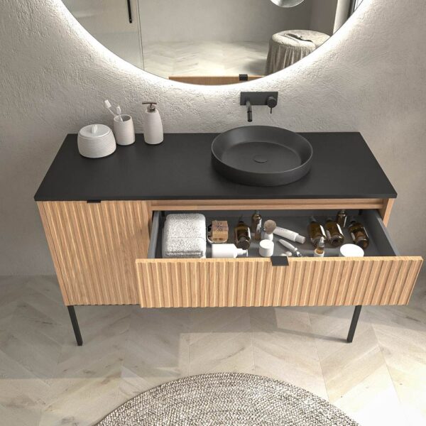 Mueble de baño FLEX con patas 2 cajones/1puerta acabado ROBLE CLARO con lavabo semiencastrado Solid Surface NEGRO - Imagen 3