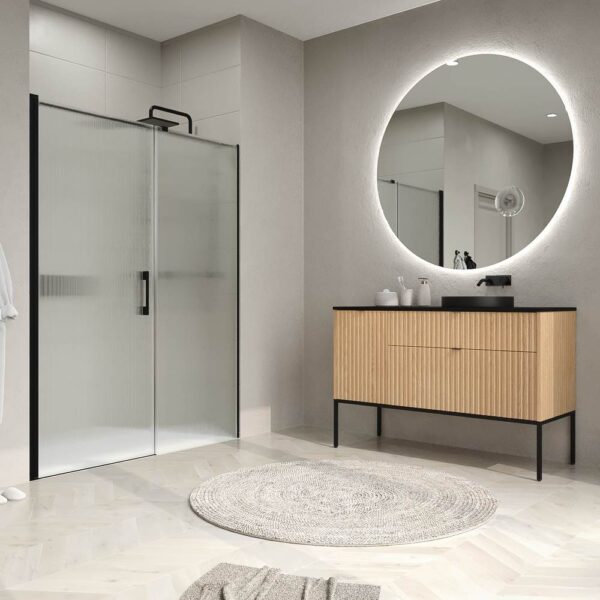 Mueble de baño FLEX con patas 2 cajones/1puerta acabado ROBLE CLARO con lavabo semiencastrado Solid Surface NEGRO - Imagen 6