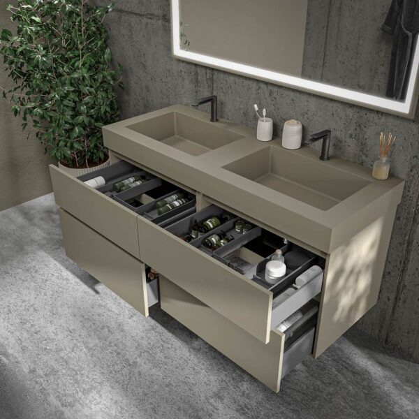 Mueble de baño DUNE suspendido 4 cajones con encimera SOLID SURFACE 2 senos  Gris Pálido - Imagen 4