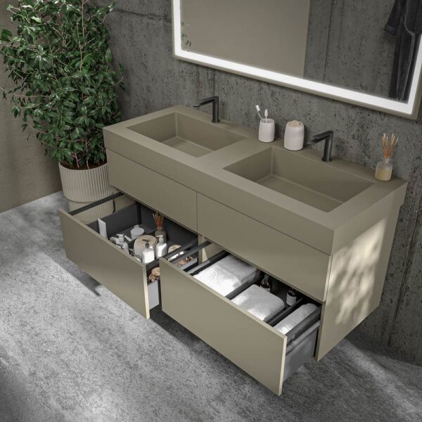 Mueble de baño DUNE suspendido 4 cajones con encimera SOLID SURFACE 2 senos  Gris Pálido - Imagen 5