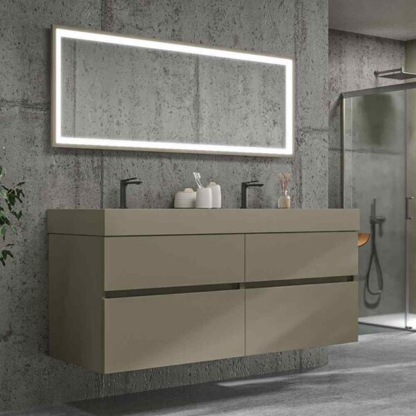 Mueble de baño DUNE suspendido 4 cajones con encimera SOLID SURFACE 2 senos  Gris Pálido - Imagen 2