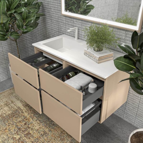 Mueble de baño DUNE suspendido 4 cajones con encimera SOLID SURFACE 2 senos  Moka - Imagen 6