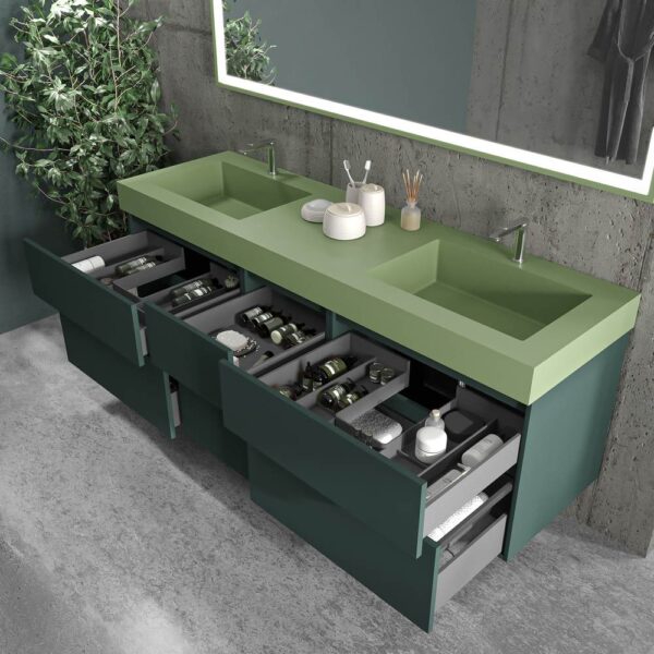 Mueble de baño suspendido DUNE  6 cajones con encimera SOLID SURFACE 2 senos  Verde Negro - Imagen 4