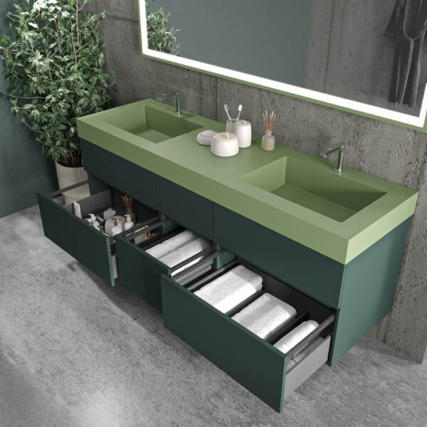 Mueble de baño suspendido DUNE  6 cajones con encimera SOLID SURFACE 2 senos  Verde Negro - Imagen 3