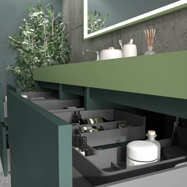 Mueble de baño suspendido DUNE  6 cajones con encimera SOLID SURFACE 2 senos  Verde Negro - Imagen 2