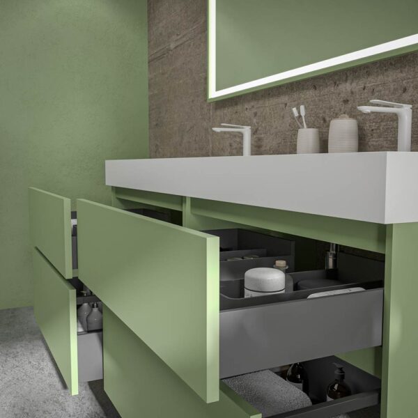 Mueble de baño DUNE suspendido 4 cajones con encimera SOLID SURFACE 2 senos  Verde Pálido - Imagen 4
