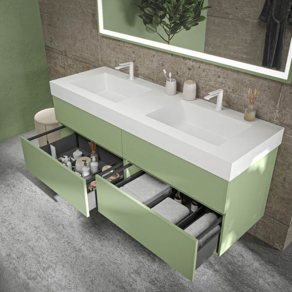 Mueble de baño DUNE suspendido 4 cajones con encimera SOLID SURFACE 2 senos  Verde Pálido - Imagen 2