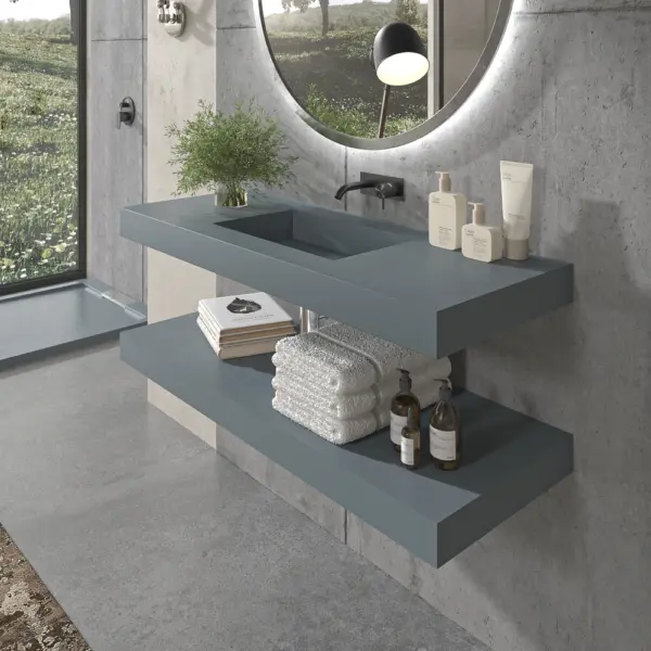 Lavabo suspendido  a medida CUTE  un seno centrado SOLID SURFACE  Gris azulado Ral 7031 - Imagen 3