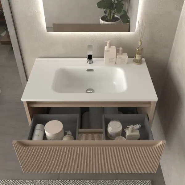 Mueble de baño suspendido 2 cajones TOSCANA  con lavabo porcelana acabado millerigue MOKA - Imagen 4