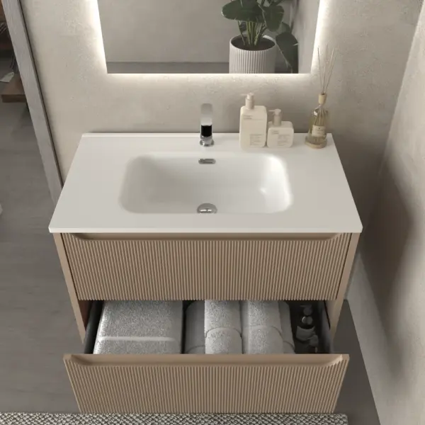 Mueble de baño suspendido 2 cajones TOSCANA  con lavabo porcelana acabado millerigue MOKA - Imagen 2
