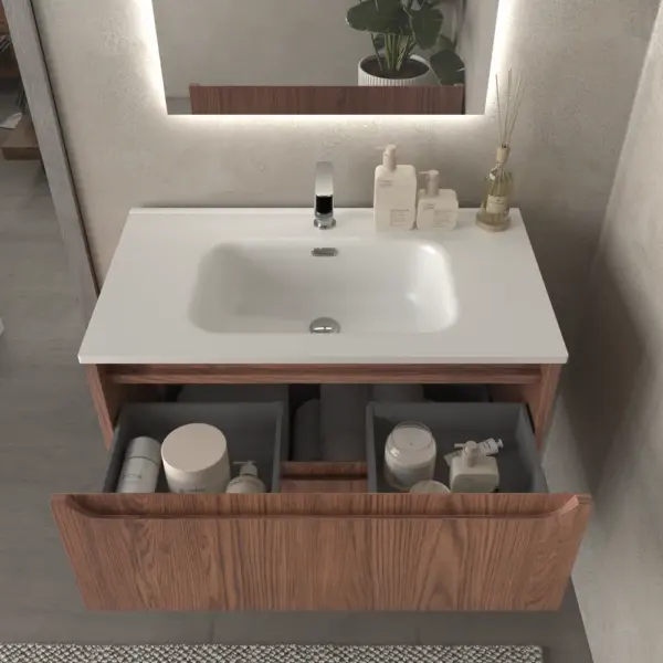 Mueble de baño suspendido 2 cajones TOSCANA  con lavabo porcelana acabado ABEDUL - Imagen 4