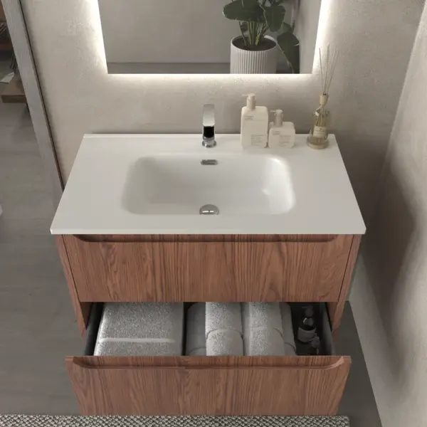 Mueble de baño suspendido 2 cajones TOSCANA  con lavabo porcelana acabado ABEDUL - Imagen 5