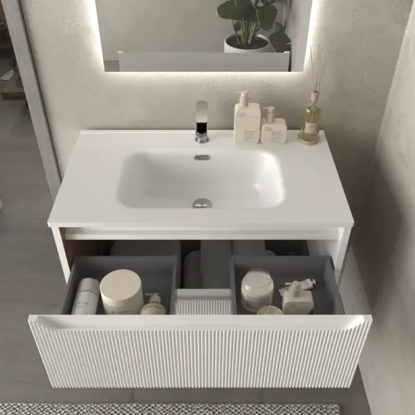 Mueble de baño suspendido 2 cajones TOSCANA  con lavabo porcelana acabado millerigue BLANCO - Imagen 3