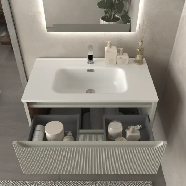Mueble de baño suspendido 2 cajones TOSCANA  con lavabo porcelana acabado millerigue GRIS SEDA - Imagen 4