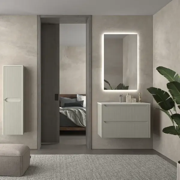 Mueble de baño suspendido 2 cajones TOSCANA  con lavabo porcelana acabado millerigue GRIS SEDA