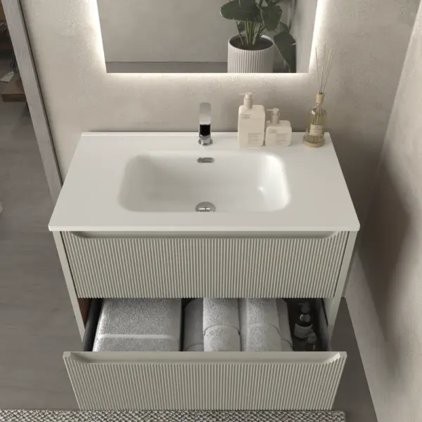 Mueble de baño suspendido 2 cajones TOSCANA  con lavabo porcelana acabado millerigue GRIS SEDA - Imagen 3