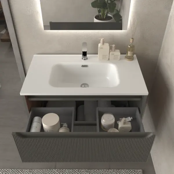 Mueble de baño suspendido 2 cajones TOSCANA  con lavabo porcelana acabado millerigue TOPO - Imagen 4