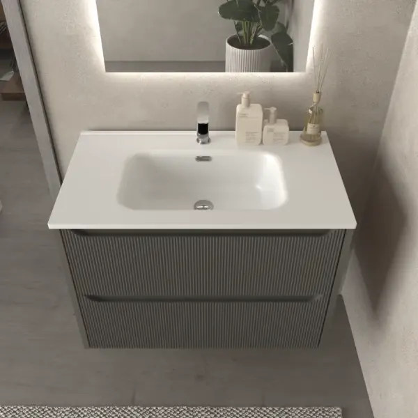 Mueble de baño suspendido 2 cajones TOSCANA  con lavabo porcelana acabado millerigue TOPO - Imagen 2