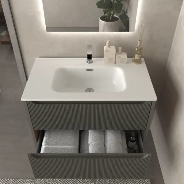 Mueble de baño suspendido 2 cajones TOSCANA  con lavabo porcelana acabado millerigue TOPO - Imagen 3