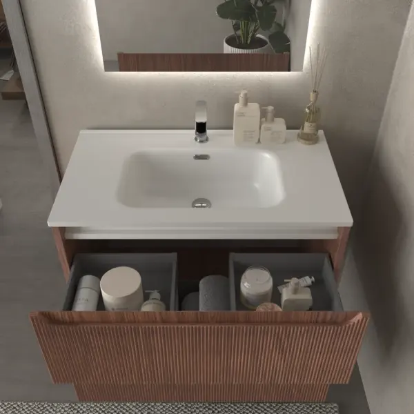 Mueble de baño suspendido 2 cajones TOSCANA  con lavabo porcelana acabado  millerigue  ABEDUL - Imagen 2