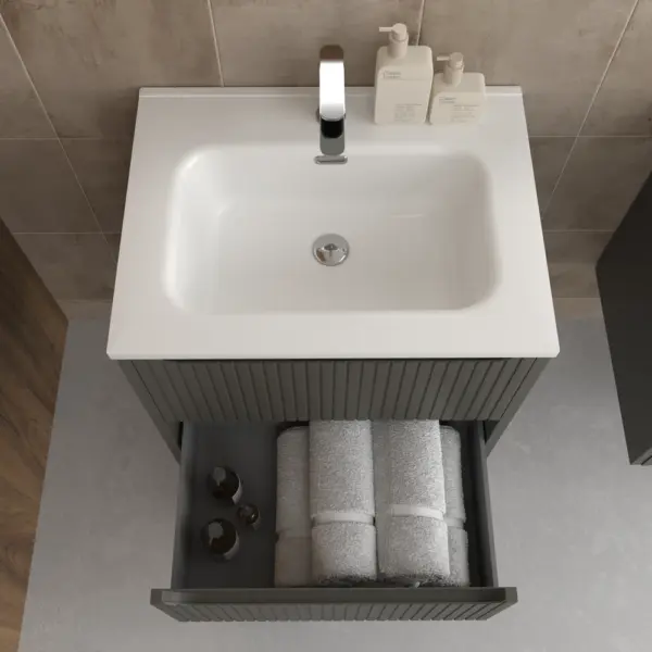 Mueble de baño suspendido 2 cajones TOSCANA  con lavabo porcelana acabado squadratto TOPO - Imagen 2