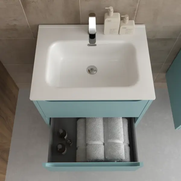 Mueble de baño suspendido 2 cajones TOSCANA  con lavabo porcelana acabado TURQUESA - Imagen 3