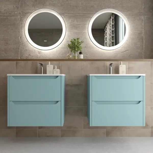 Mueble de baño suspendido 2 cajones TOSCANA  con lavabo porcelana acabado TURQUESA